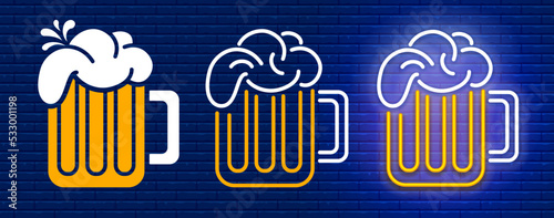 Beer mug with foam, set of flat design, outline style and with neon effect on blue brick wall background. Vector illustration