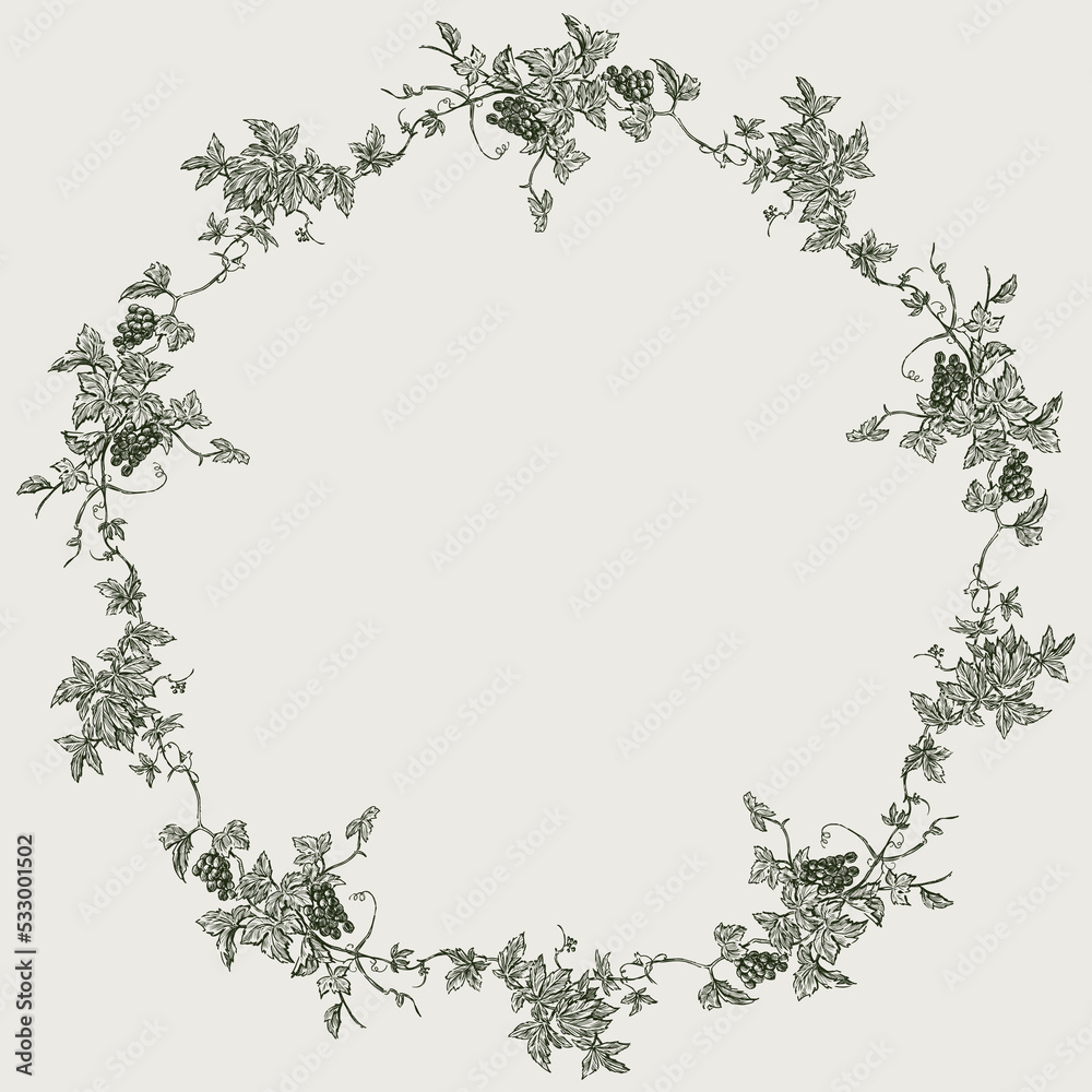 Decorative wreath of sketches vintage vine branches with berries, leaves and tendrils