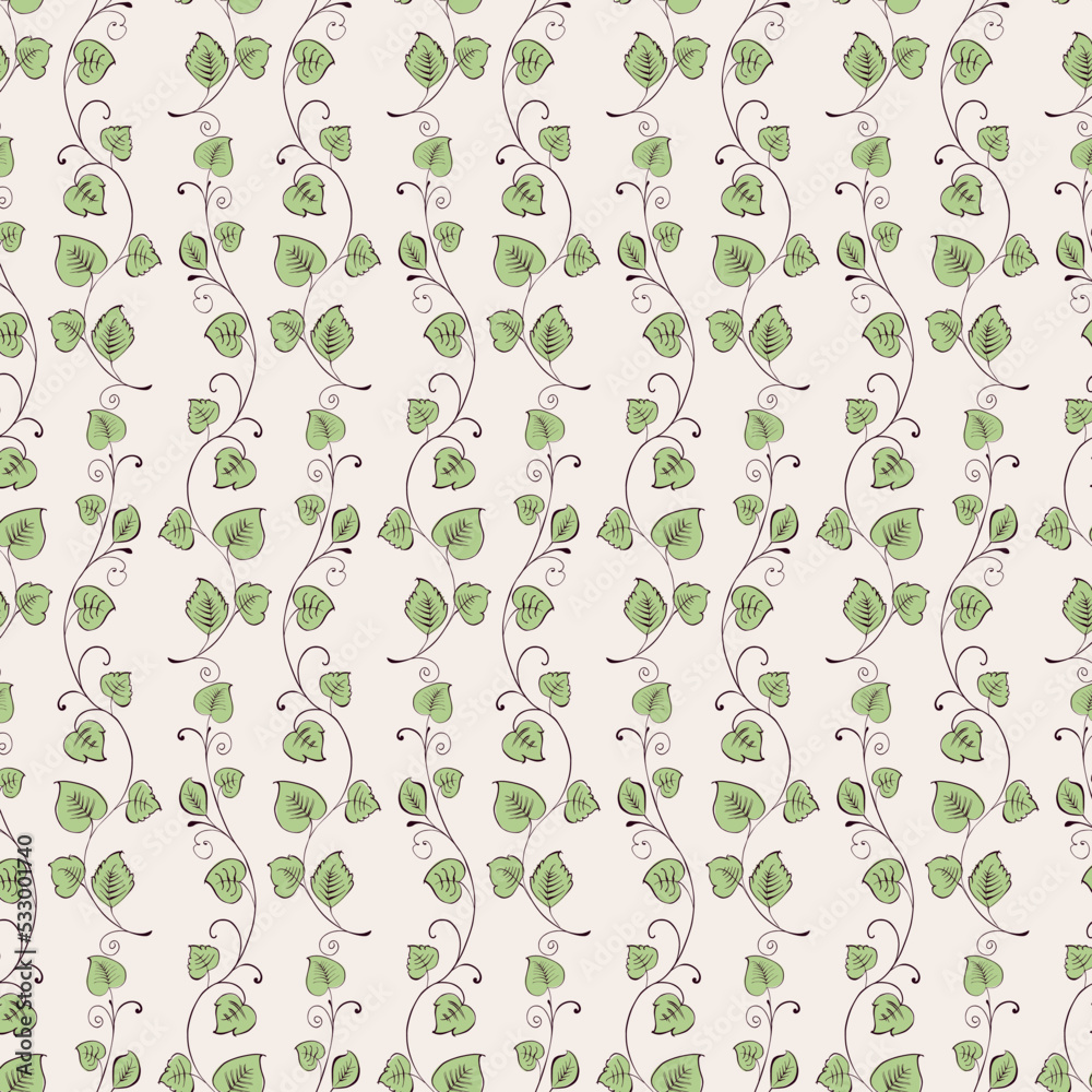 Seamless pattern from outlines delicate twigs with green leaves and tendrils