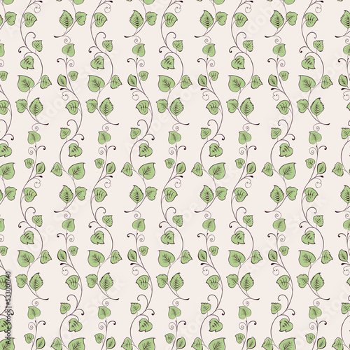 Seamless pattern from outlines delicate twigs with green leaves and tendrils