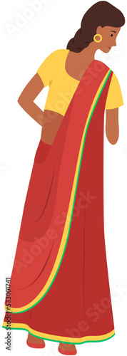 Young beautiful cartoon style Indian woman in traditional clothes isolated on white background. Female character dressed in costume sari stands at full height back view. Fashion lady, asian person