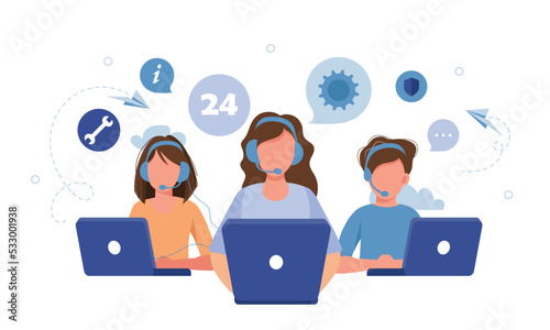 Vector illustration, customer service, hotline operator advises customer, online global technical support, customer and operator vector. Technician with Yes sign.