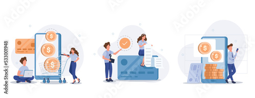 Financial illustration set. Characters paying online and receiving bonus money or reward back on credit card. Cashback, financial savings and money exchange concept. Vector illustration.