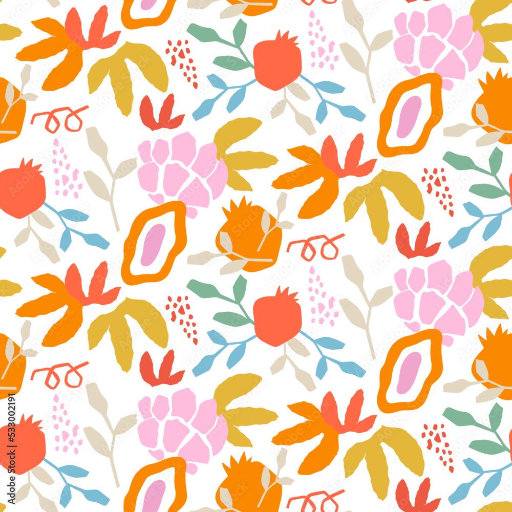 Seamless Pattern Abstract Organic Pattern Plants Fruit Branches Paper Cut Matisse Style