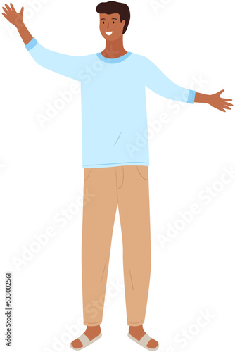 Indian village man in blue shirt and light beige trousers. Young smiling male character isolated on white background. Guy pointing somewhere with hand, talking to somebody, standing asian man