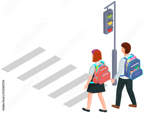 Pedestrian crossing on street. Crosswalk with people pedestrians. Schoolchildren or students crossing city road. Movement and transportation in town. Track with road marking and traffic light