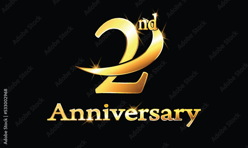 1 year anniversary celebration logo.  Anniversary celebration. Gold Luxury Banner of 2nd Anniversary celebration. Second celebration card. Vector anniversary