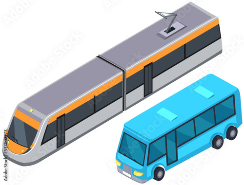 Road and subway vehicle to carry passengers. Blue bus and long train for transporting people around town. Vehicle, urban public transport. Autobus and metro train for transportation in city