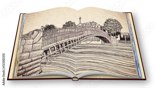 The most famous bridge in Dublin called Half penny bridge - free hand sketch concept image - 3D rendering of an opened photo book isolated on white photo