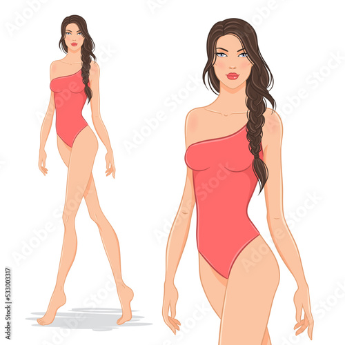 Vector fashion illustration of a beautiful, fashion model in a stylish red swimsuit on a white background. Young, attractive woman posing in a bikini.