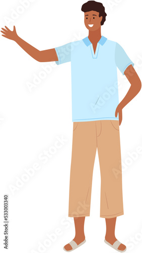 Indian village man in blue shirt and light beige trousers. Young smiling male character isolated on white background. Guy pointing somewhere with hand, talking to somebody, standing asian man