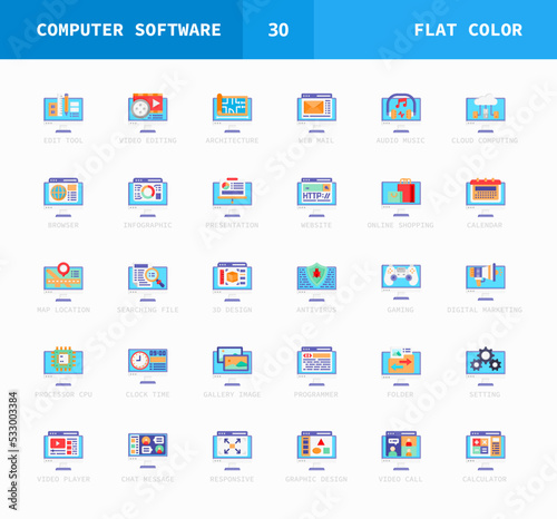 Software Computer flat color icons. Set of coding, website, video player, music and more. Can used for digital product, presentation, UI and many more. Vector illustration on a white background.