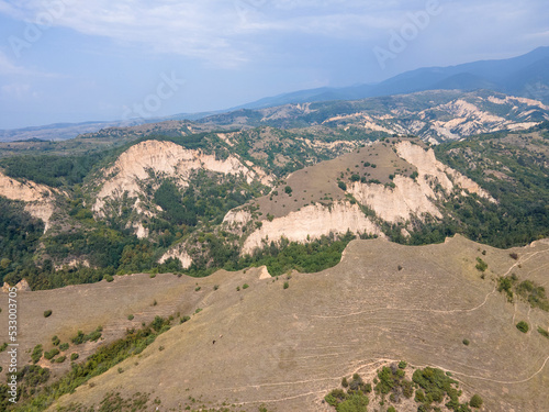 Aerial view of Melnik sand pyramids, Bulgaria