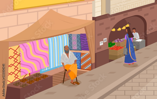 Indian market with people and different shops with ancient cityscape at background. Textiles, fabrics, carteps, spices, sweets, vegetables. Asian characters, oriental bazaar, authentic marketplace