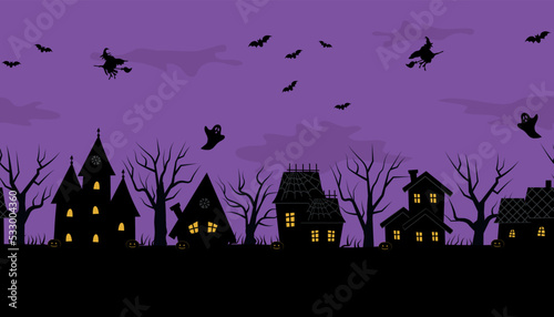 Halloween town. Creepy houses. Seamless border. Black silhouettes of houses and trees on purple background. There are also bats, ghosts, witches, pumpkins in the picture. Vector image