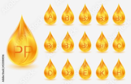 Vitamins vector icons set.Vitamin A, B1, B2, B5, B6, B9, B12, C, D, E, Ca, Cu, Fe, I, K, Mg, Na, P pill golden capcule icon. Vitamin complex and essential vitamins.Medicine advertising.