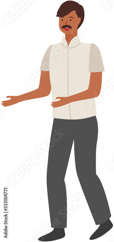 Indian mustachioed man in white shirt and dark trousers. Young smiling male character isolated on white background. Guy pointing somewhere with hand, talking to somebody, standing asian man