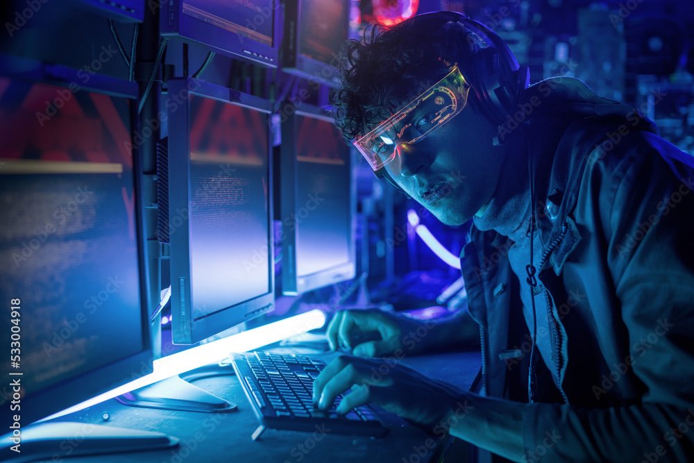 Caucasian young man playing game at home, colorful lights room, fun hobby concept Caucasian young man playing game at home, colorful lights room, fun hobby concept