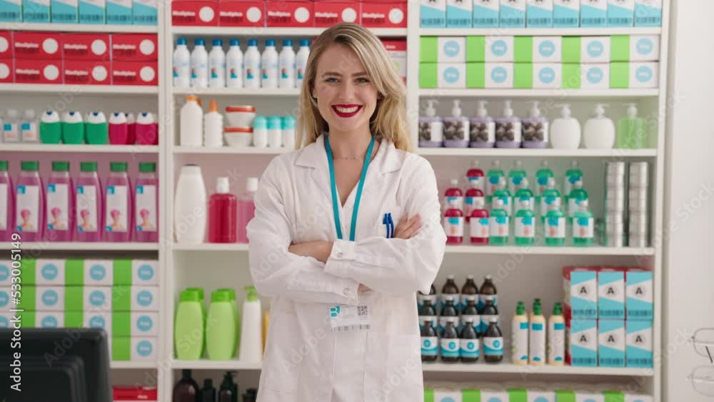 Young beautiful hispanic woman pharmacist smiling confident standing with arms crossed gesture at pharmacy Young beautiful hispanic woman pharmacist smiling confident standing with arms crossed gesture at pharmacy