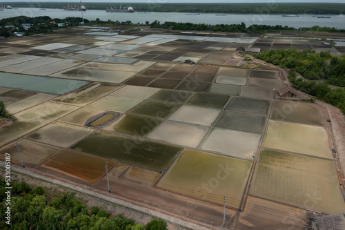 Aerial view of Can Gio salt fields in Vietnam.