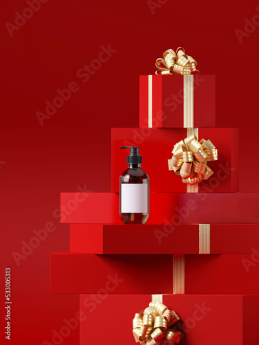 Minimal product background for Christmas, New year and sale event concept. Red gift box with golden ribbon bow on red background. 3d render illustration. Clipping path of each element included.