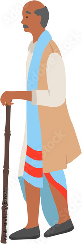 Indian elderly man in traditional clothes cartoon old male character walking with cane side view isolated flat cartoon illustration. Grandfather, nationality indian elder man with wooden stick in hand