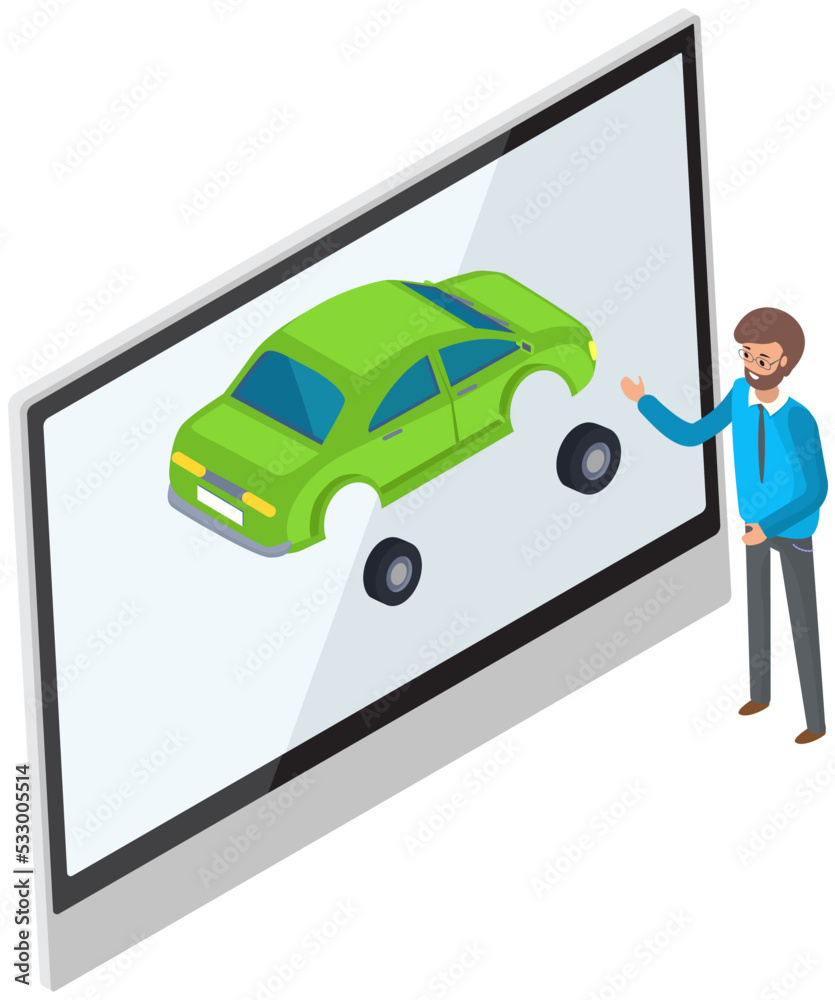 Car design presentation with orator near tablet screen. Man presenter talks about new automobile structure. Showroom of transport technology components. Person present vehicle on digital display Car design presentation with orator near tablet screen. Man presenter talks about new automobile structure. Showroom of transport technology components. Person present vehicle on digital display