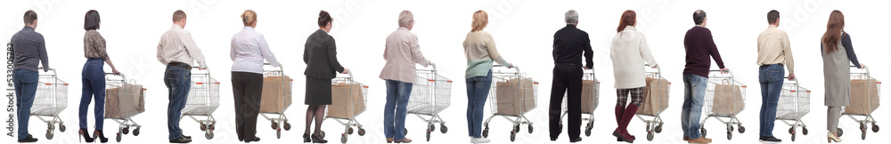 a group of people with a cart stand with their backs isolated a group of people with a cart stand with their backs isolated