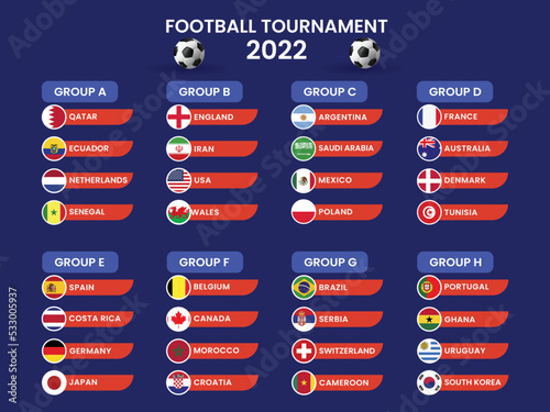 Set of flat style football world championship groups table template.
