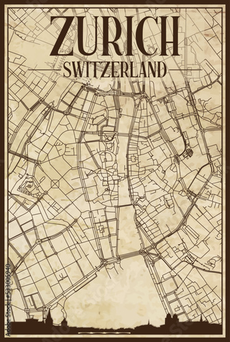 Brown vintage hand-drawn printout streets network map of the downtown ZURICH  SWITZERLAND with brown city skyline and lettering