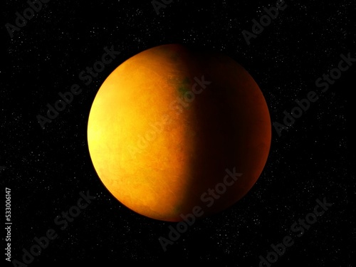 Exoplanet in orange tones. Extrasolar planet in space, cosmic background, surface of the planet.