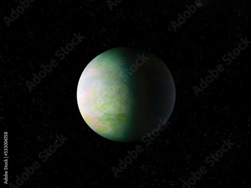 Mysterious planet in space. Realistic astronomical landscape. Exoplanet against the background of stars. © Nazarii