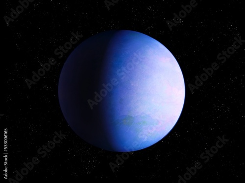 Twin Earth, realistic Super-earth, blue planet. Exoplanet with atmosphere and ocean of water, stone planet in space.