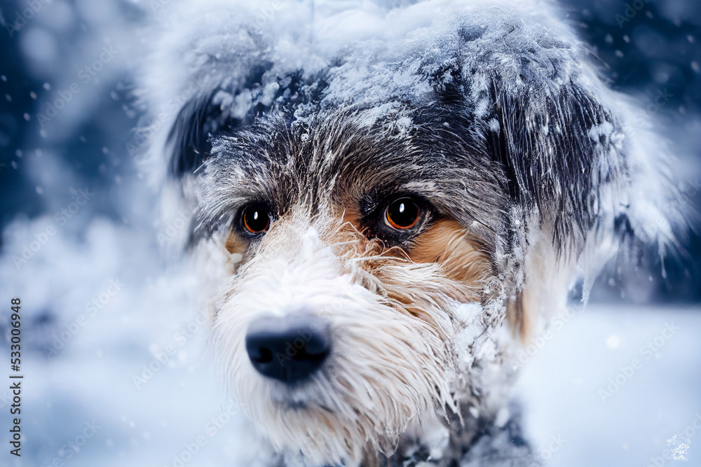 Photo of a dog in nature in the snow forest, looking at the camera. Soft coat, glamour style photo, pet for advertising. Female and male dog photography. Photo of a dog in nature in the snow forest, looking at the camera. Soft coat, glamour style photo, pet for advertising. Female and male dog photography.