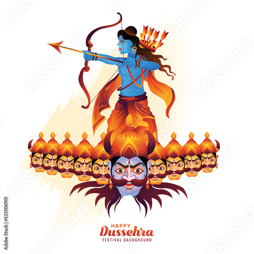 Illustration of lord rama killing ravana in happy dussehra festival card background