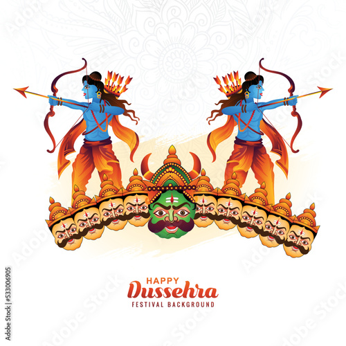 Illustration of lord rama killing ravana in happy dussehra festival card background
