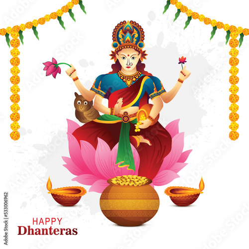 Illustration of happy dhanteras gold coin in pot with maa lakshmi celebration background © Harryarts