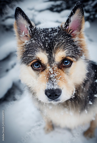 Photo of a dog in nature in the snow forest, looking at the camera. Soft coat, glamour style photo, pet for advertising. Female and male dog photography. © Llama-World-studio