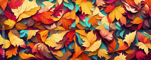4 patterns of colourful falling autumn leaves, Generative AI 