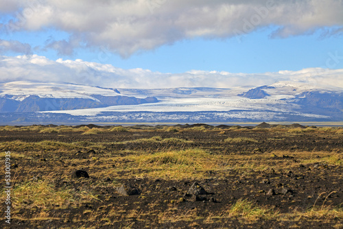 View on Myrdalsjokull glacier from Skafta lava fields