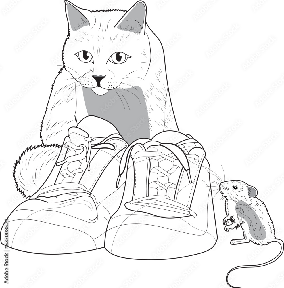A cute cat is sitting near the sneakers. Little mouse. Children's book illustration A cute cat is sitting near the sneakers. Little mouse. Children's book illustration