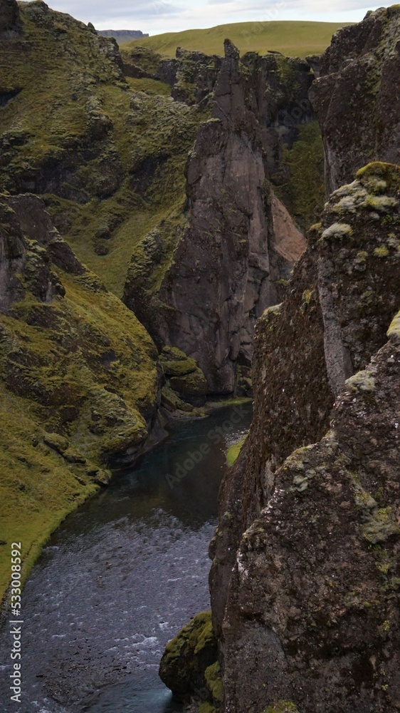 green valley, iceland, moss on the cliff, nature, vallue with stream, travel, scenic, wilderness 