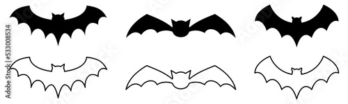 Set of bat icons. Flat and line art style. Halloween symbol. Vector illustration isolated on white background