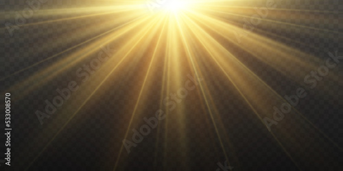 Realistic yellow glowing light explodes on transparent background. Sunlight with gold rays. Blur in the light of radiance. Sparkle sun rays. Sunbeams special lens flare. Golden star. Vector