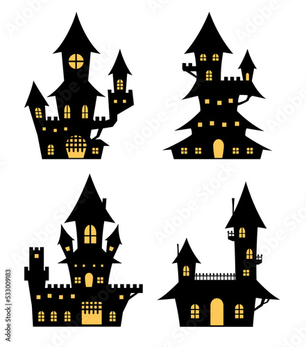 Halloween haunted castle house silhouette on white background. Vector illustration flat design for decoration.
