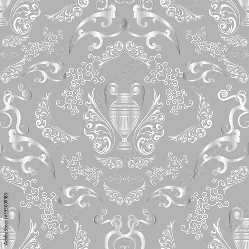 Pitcher, jug, amphora, floral motifs. Elegant vector seamless pattern background for fabrics, wallpaper, interior, wall-coverings. Illustration of ancient medieval greek vase in silver tints.