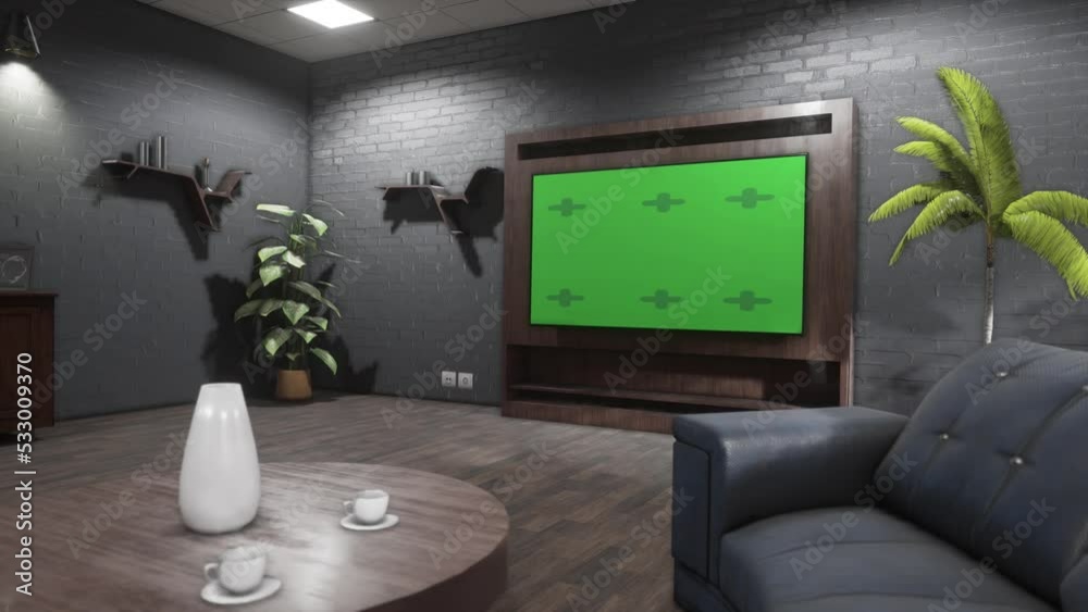 Small relaxation room with large led tv with green screen display in