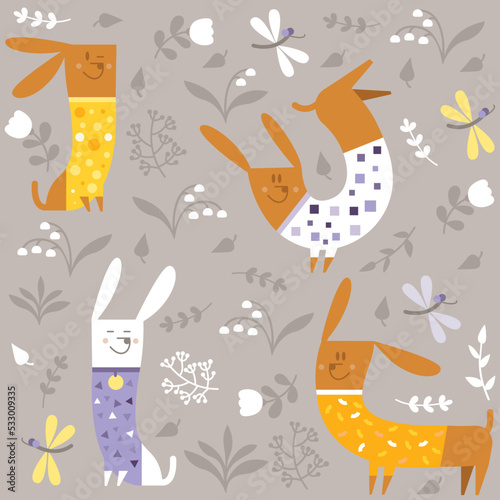 Grey seamless pattern with playing dogs. Design for children. Vector flat illustration.