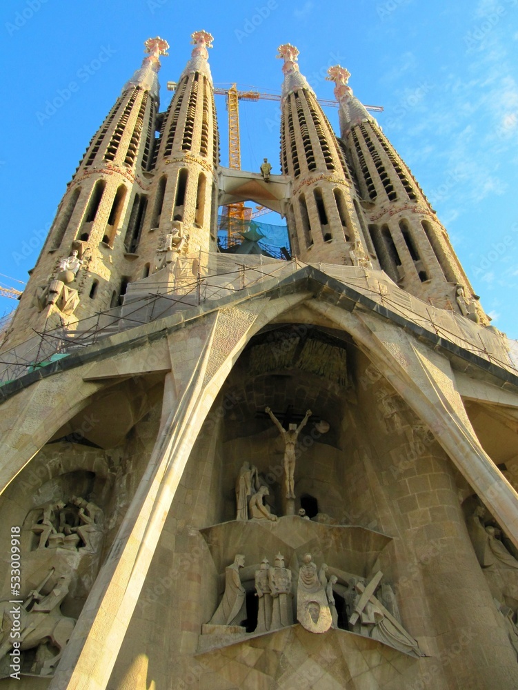 View of the facade of the Sagrada Familia cathedral in Barcelona