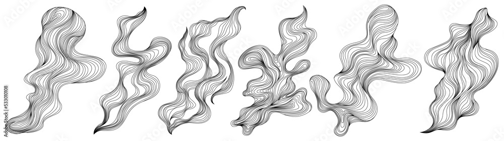 Set of abstract shapes. Hand drawn png illustrations. Ink painting style composition
